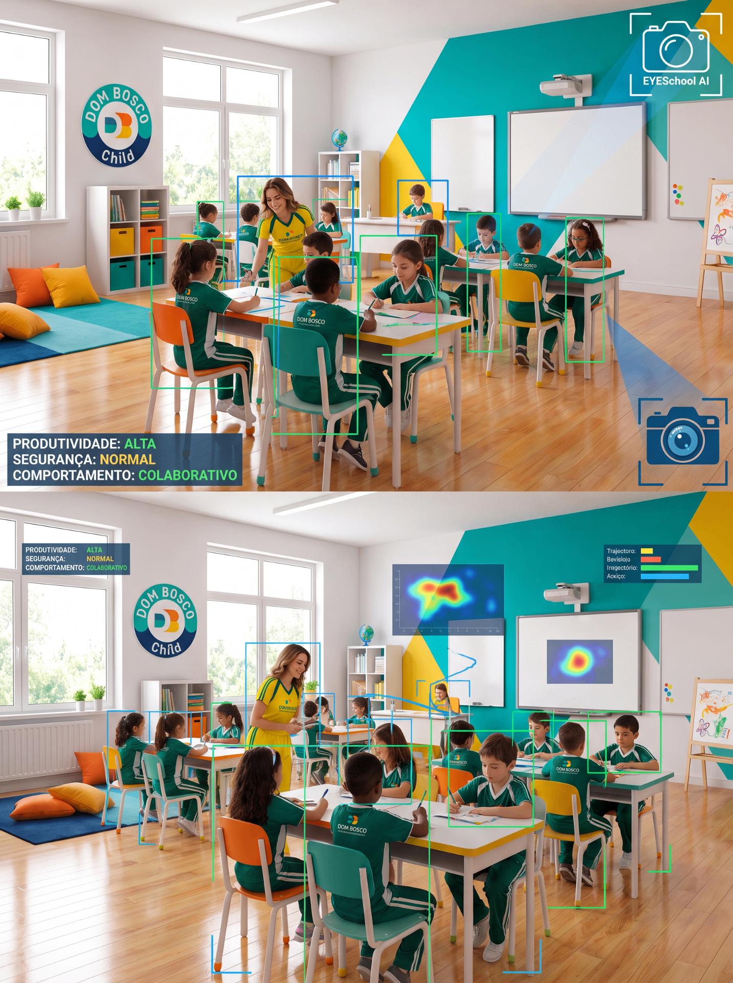 Dois momentos da mesma sala com detecção de pessoas e mapas de calor de circulação