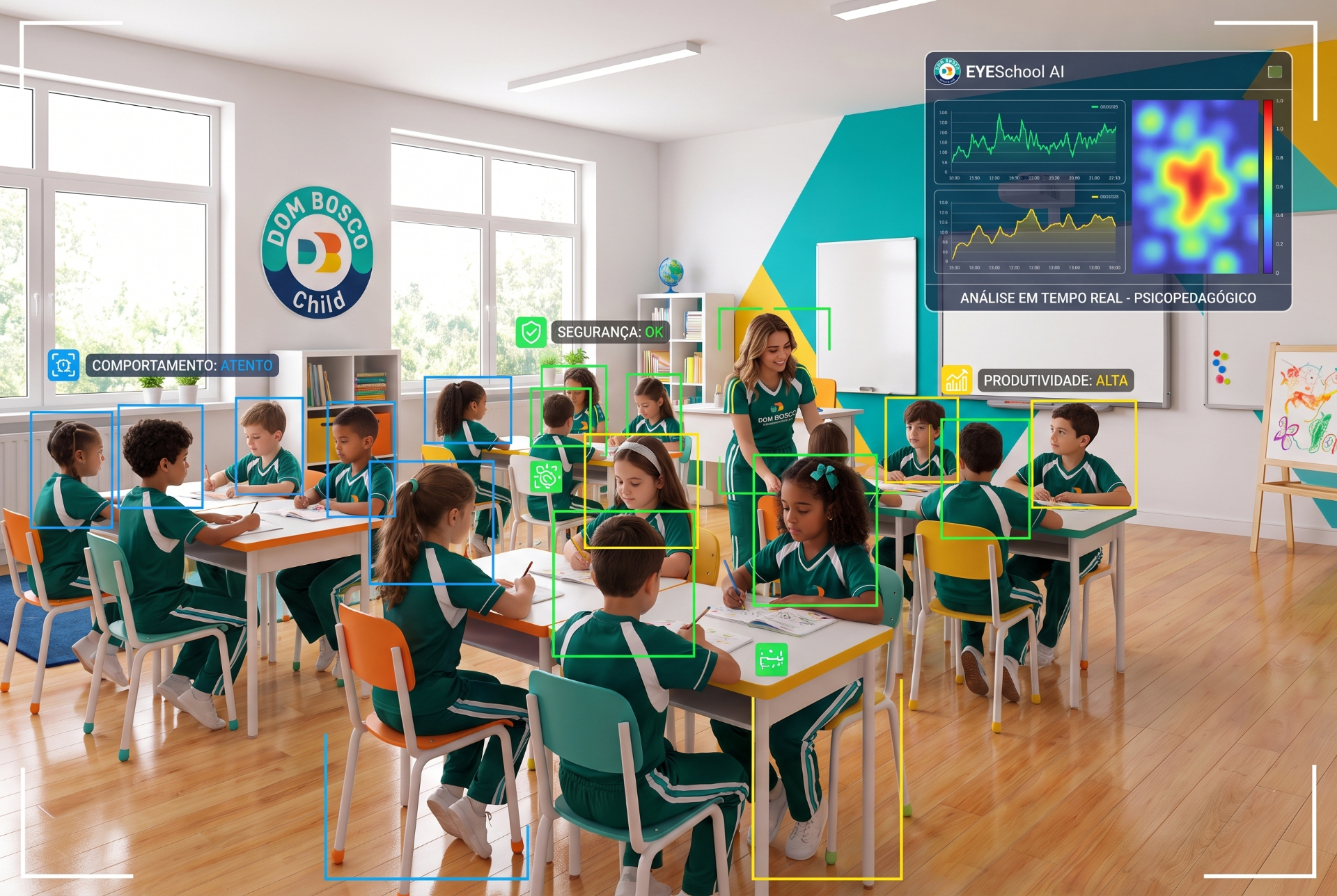 Sala de aula com leitura em tempo real de comportamento, segurança e produtividade