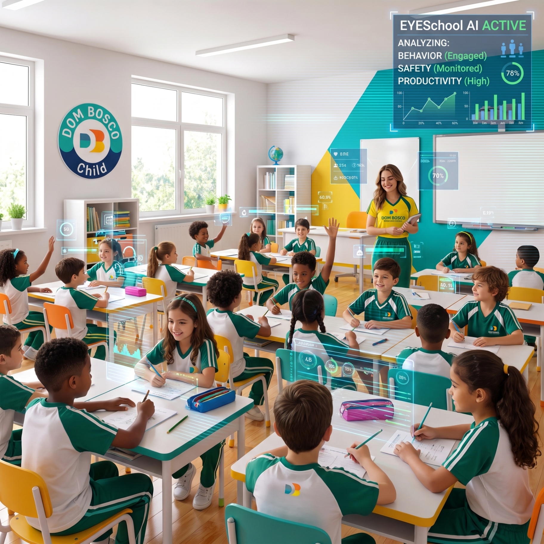 Turma em atividade com painel de indicadores de engajamento sobreposto